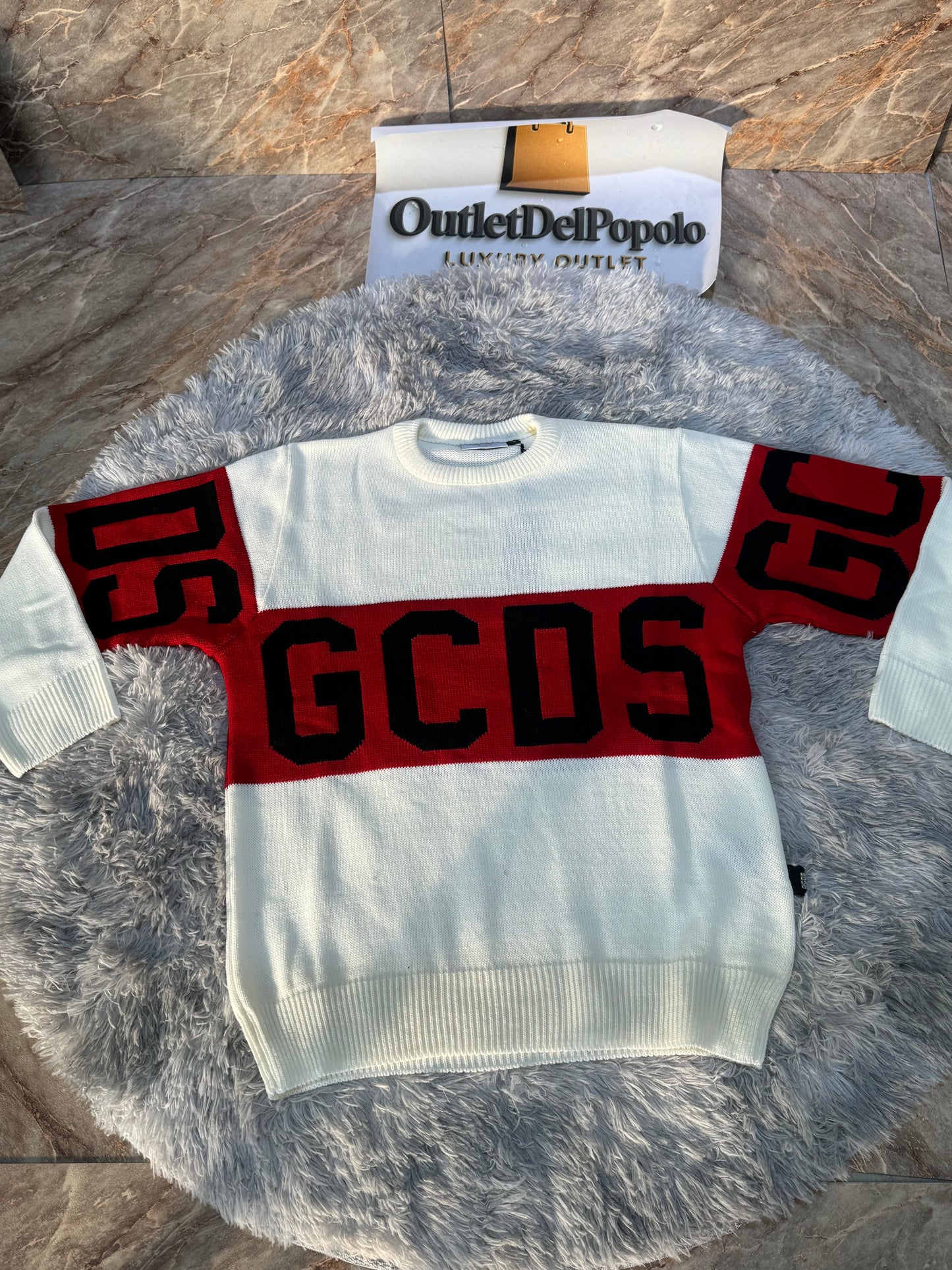 Maglione GCDS bianco fascia rossa